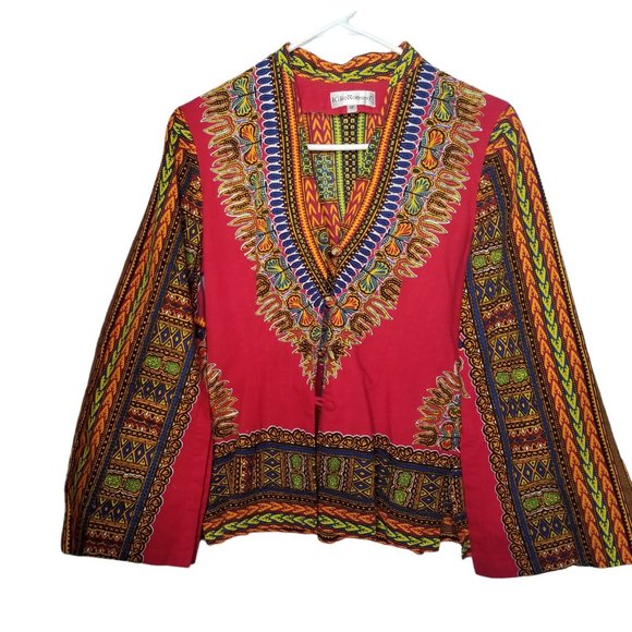 kiko Romeo Tops - KikoRomeo Red & Multicolor Mandarin Collar Ethnic Kimono Blouse Bell Sle…